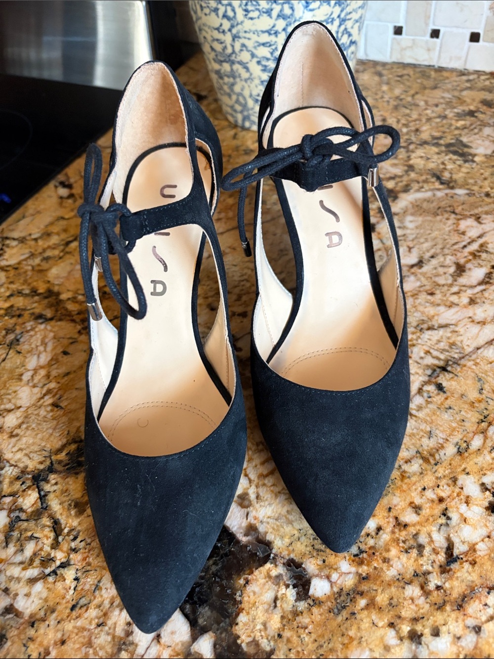Unisa Black Suede Pointed Tie-Ankle Pumps